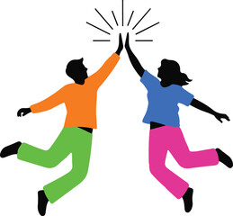 Two people jumping and high fiving each other in colorful clothes