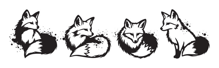 Obraz premium Four stylized black and white fox illustrations showcasing various poses with an artistic ink splatter effect, perfect for graphic design projects.