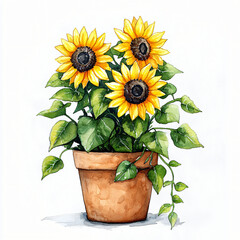 Obraz premium Vibrant sunflowers in terracotta pot home interior watercolor artwork bright and cheerful artistic perspective nature's beauty