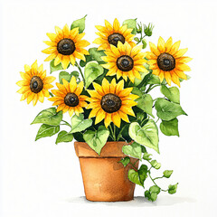 Obraz premium Vibrant sunflower arrangement indoor setting watercolor art bright and cheerful close-up view nature's beauty