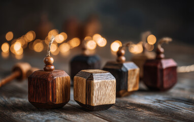 Decorative wooden ornaments in various shapes and colors are arranged on a rustic wooden surface, with warm bokeh lights creating a cozy holiday atmosphere