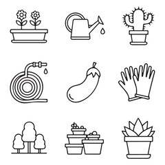 Set of gardening icons including plants, watering can, and tools on white background