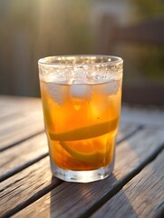 Cold glass of cola with ice on a wooden table refreshment beverage