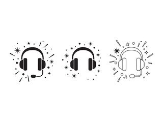 Black and white headphone icons with starburst effects on
