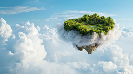 Surreal floating island with lush greenery and rocky formations surrounded by fluffy clouds, evoking sense of wonder and tranquility