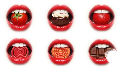 Six sets of lips with various sweet foods between white teeth on red lips isolated on white background