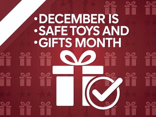 December is Safe Toys and Gifts Month official awareness banner, child safety holiday campaign, protect kids Christmas presents
