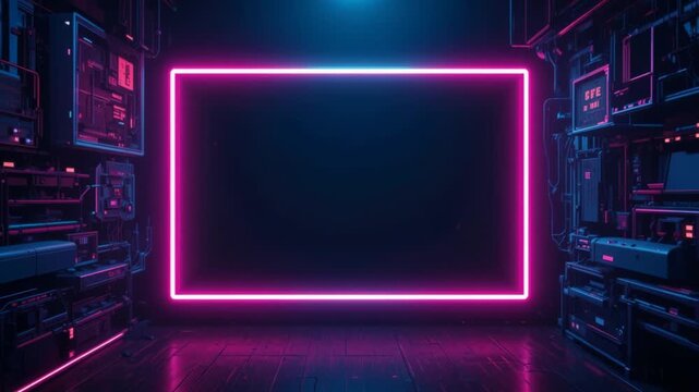 Cyberpunk neon frame in a dark futuristic room with glowing circuit boards and wires