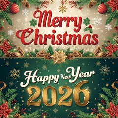 Merry Christmas and Happy New Year 2026 greeting cards. holiday greeting card, website and social media post, marketing material. 