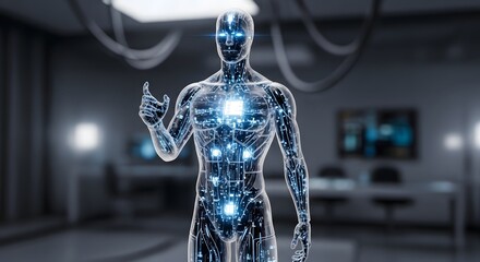 Futuristic transparent android robot with glowing blue circuits and illuminated core points upward in a lab setting