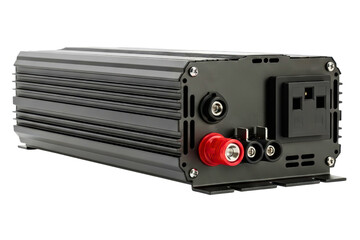 Fototapeta premium Black metal power inverter with AC socket and wire terminals on a transparent background