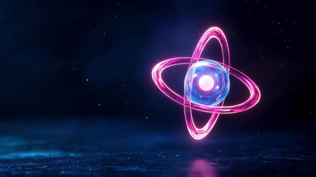 Neon atom glowing nucleus particle orbit quantum energy futuristic science blue background pink light 3D render abstract physics cosmic vibe glowing