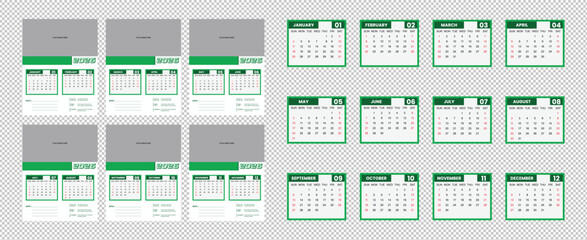 six pages 2026 year calendar layout with monthly grids and placeholder image areas