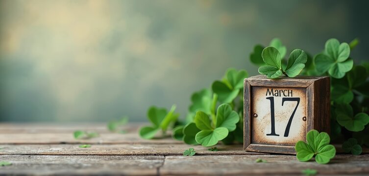 Rustic wooden surface with vintage calendar showing March 17, surrounded by lush green shamrock leaves. Festive St Patricks Day theme with ample copy space on left.