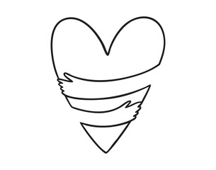 Hand drawn heart hugging band, playful line art ideal for handmade cards and gift tags, charming simple shape, black outline on white, cozy friendly tone for DIY projects and stationery.