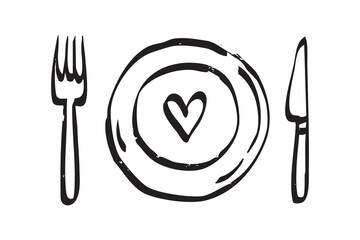 Handmade bistro branding design, Ink textured sketch of heart and utensils for restaurant branding, Artisan bistro identity concept featuring handdrawn heart with cutlery and textured ink style