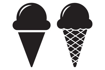 Two black silhouette ice cream cones with scoops on top isolated on white background