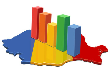 Romania map (flag colors) with multicolored rising bar charts. Concept for economic growth, statistics, data, or market analysis in Europe. (cut out)