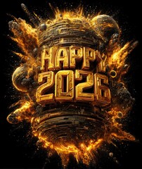 "HAPPY 2026" in massive glowing golden letters exploding from a cosmic nebula, particles of light bursting outward, hyper-detailed luminous trails, futuristic celebration atmosphere.