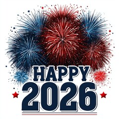 "HAPPY 2026" with thin-line vector fireworks above and below, simple duotone palette, flat design, perfect for stickers, isolated on white