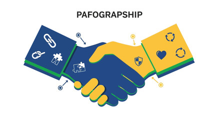 Two hands shaking in a partnership agreement with various icons.