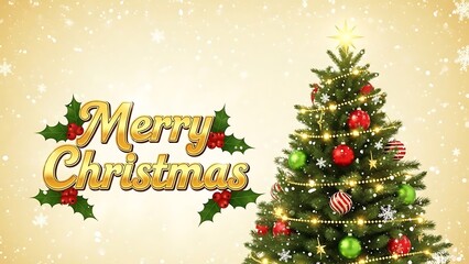 Vibrant Merry Christmas Winter Scene with Falling Snowflakes, Glowing Golden Christmas Tree Lights, Red and Green Ornaments, Creamy Textured Background and Shining Golden Cursive Festive Greeting