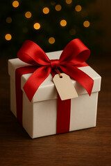 A white gift box with red ribbon during the holidays