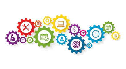 Colorful Gears with Icons Representing Business Concepts and Workflow.