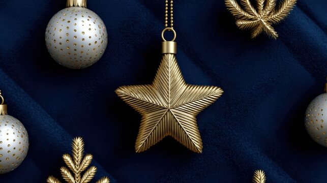 modern christmas pattern, geometric christmas pattern with minimalist icons of ornaments, stars, and garlands in thin gold lines on navy background ideal for branding and web backgrounds - Powered by Adobe