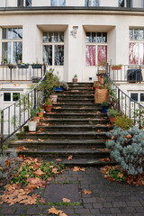 Charming Front Steps Adorned with Colorful Flower Pots and Fallen Leaves Leading to a Cozy Home Entrance