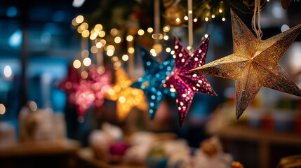 Vibrant celebration decoration, traditional star hanging, warm festive lights, background colorful holiday, decor joyful Mexican, Christmas cultural celebration, display seasonal t
