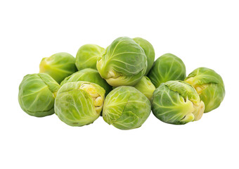 Fototapeta premium A pile of fresh green Brussels sprouts with visible layers of leaves and pale yellow centers isolated on a transparent background