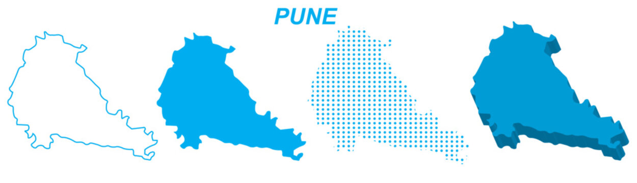 Pune Map Vector Set, India Outline Silhouette Dotted 3D Solid Shapes, Pune City Infographic Template, Editable EPS Pune Geography