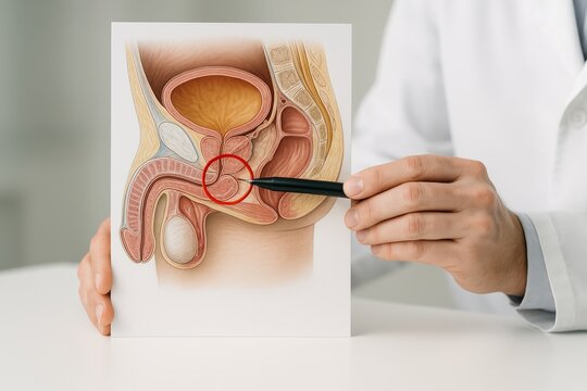 Pelvic cross-section diagram explanation showing clear clinical annotation of prostate region with focused gesture highlighting prostatitis zone within precise medical context.