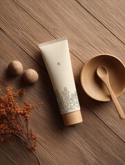 Organic Cosmetic Tube Mockup on Rustic Wood