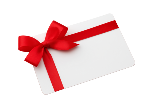 White card with red ribbon and bow on a plain background isolated on a transparent background image - Powered by Adobe