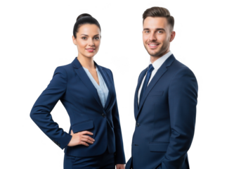 Professional business man and woman in suits standing together isolated on transparent background