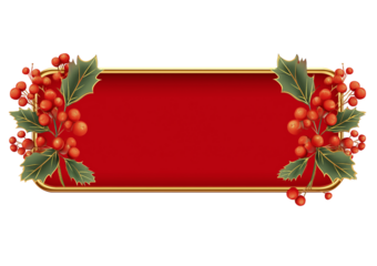 Festive red banner with gold border adorned with holly and red berries isolated on a transparent background
