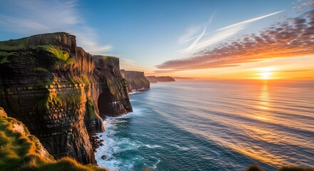 Majestic cliffs meet ocean waves under a vibrant orange and blue sunset sky in ireland
