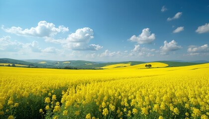 Vast yellow rapeseed field stretches across rolling green hills under a blue sky with white clouds. Two lone trees stand on horizon. Landscape shows agriculture and nature beauty.