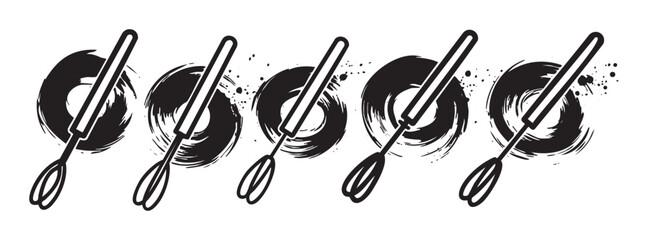 Kitchen whisks with artistic brush strokes and splatters creating a dynamic, modern, and culinary-themed graphic design element in black and white.