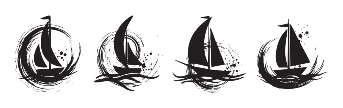 Four artistic sailboats sailing on abstract ocean waves, rendered in a dynamic black ink brushstroke style, evoking a sense of adventure and freedom.