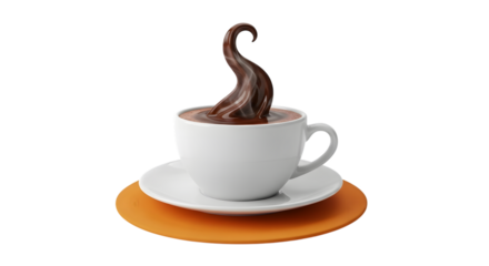 A white ceramic cup and saucer filled with rich, dark hot chocolate featuring a dramatic, swirling splash isolated on transparent background