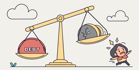 Financial scale imbalance with heavy debt weighing down woman
