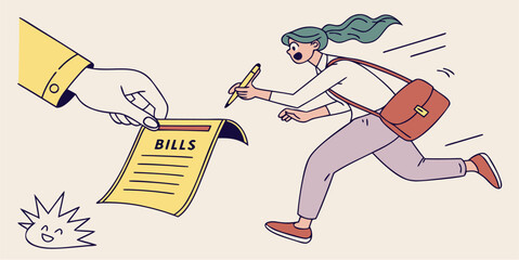 Stressed woman running away from hand holding overdue bill payment