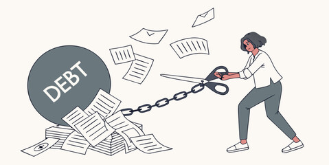 Woman cutting chain of debt ball with giant scissors