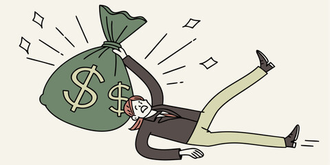 Woman crushed under the weight of giant dollar money bag