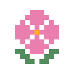 Obraz premium Cute pixel flower icon with pink petals and green leaves. Bright retro digital element for spring designs, stickers, patterns, games, crafts, and creative digital projects