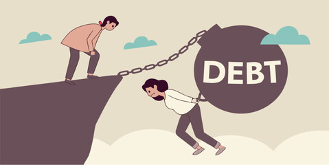 Person falling off cliff dragged down by heavy debt weight