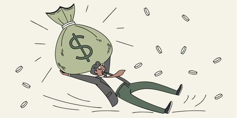 Businessman falling and collapsing under heavy green money sack